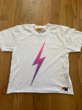 Aviator Nation Kids White Tee with Pink-to-Purple Lightning Bolt